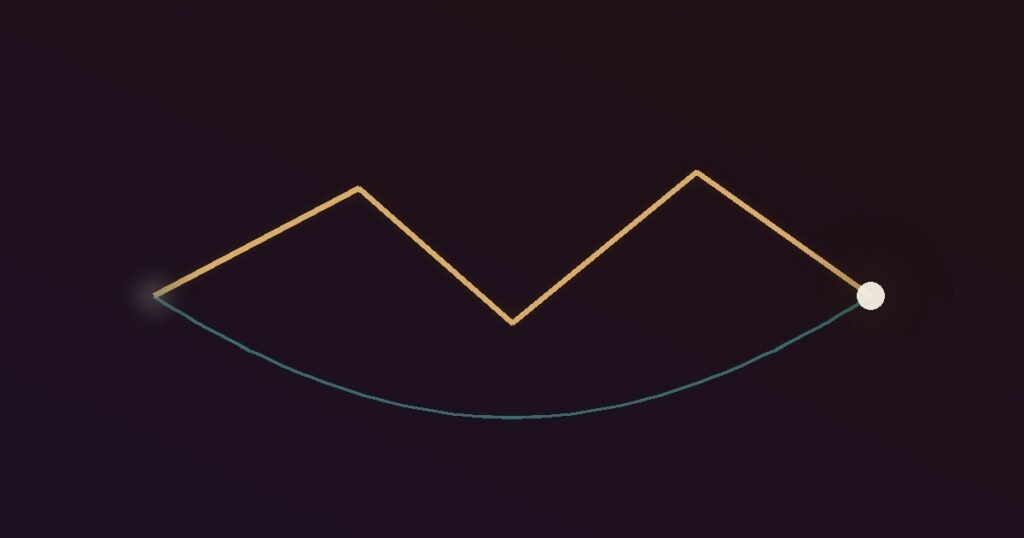 Abstract illustration of a fast bright jagged bolt racing a slower cool looping path toward the same target, representing the brain's fast amygdala threat response outrunning slower rational thought