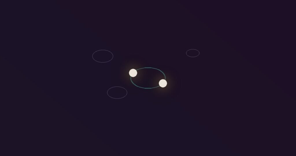 Abstract illustration of two glowing nodes orbiting steadily together, representing secure attachment amid faint chaotic orbit patterns in the background