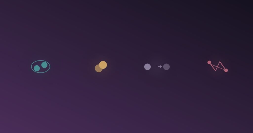 Four abstract glyphs representing secure, anxious, avoidant, and disorganized attachment patterns as different orbit shapes
