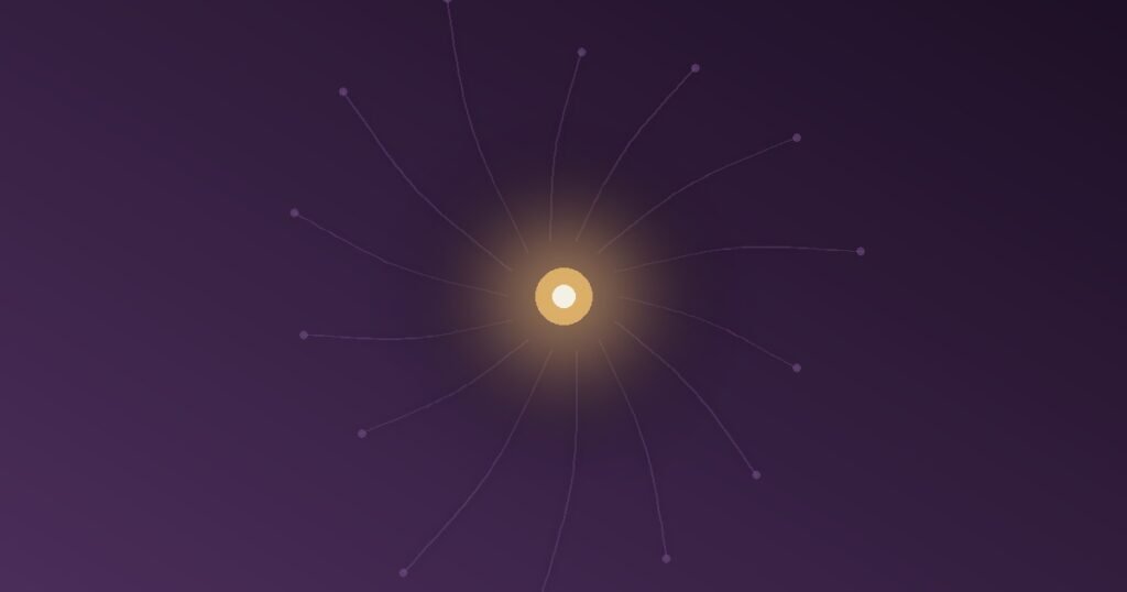 Abstract illustration of a bright glowing central node with chaotic dim branching paths converging toward it, representing the brain's craving for certainty amid uncertainty
