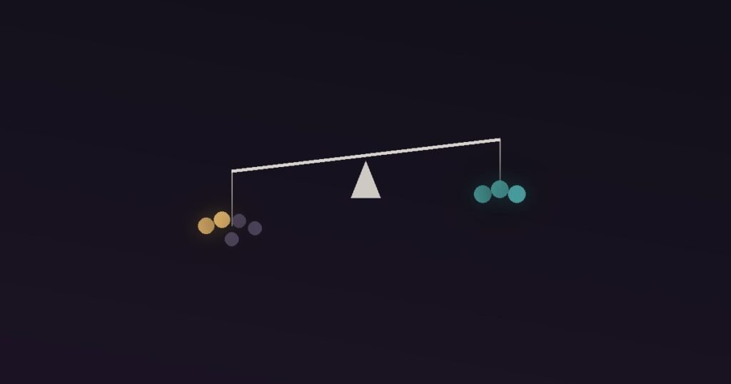 Abstract illustration of a balance scale weighing a large muted cluster of curated feed items against a smaller steady set of real-life connections