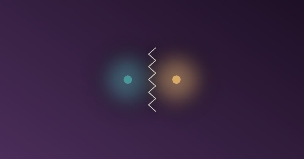 Abstract illustration of two conflicting glowing orbs, teal and gold, separated by a jagged tension crack, representing the discomfort of cognitive dissonance from holding contradictory beliefs