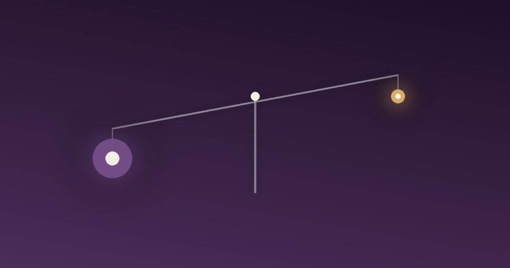 Abstract illustration of a scale with a small light weight on one side outweighing a much larger heavy shape on the other, representing how a small external reward forces a larger internal shift in belief