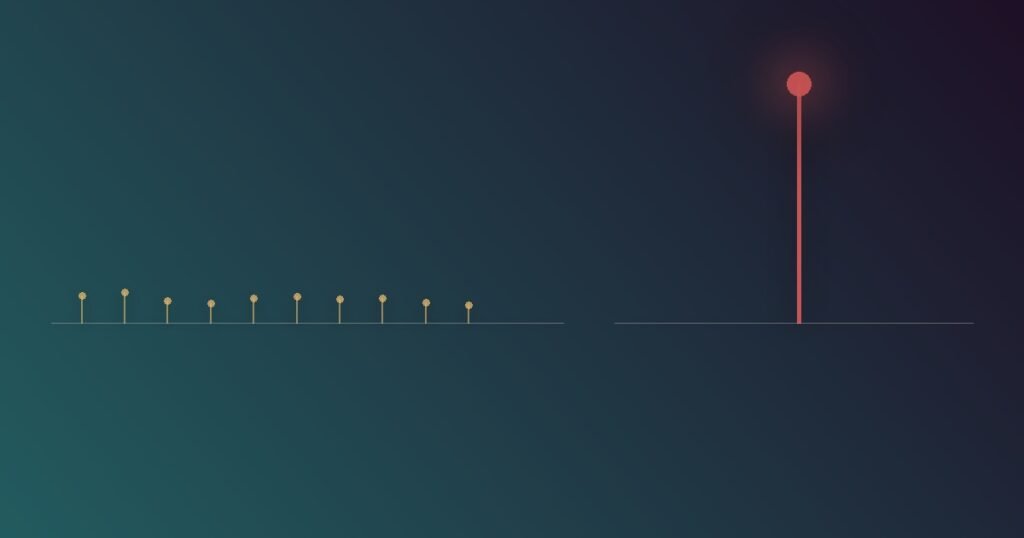 Abstract illustration comparing a small frequent spike pattern representing everyday phone notifications against a single much larger spike representing genuine substance-driven dopamine surges