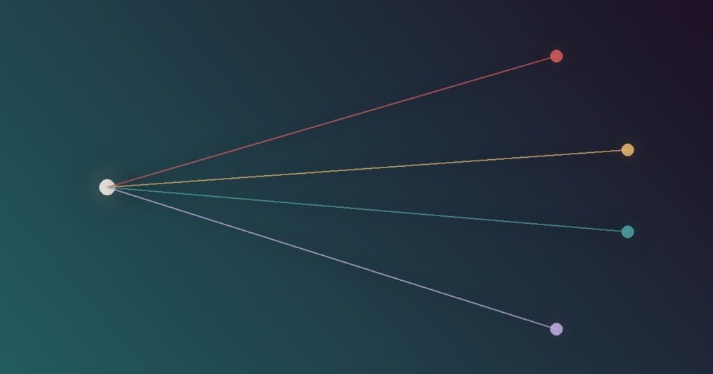 Abstract illustration of a single node branching into four distinct diverging paths, representing the four different survival responses of fight, flight, freeze, and fawn
