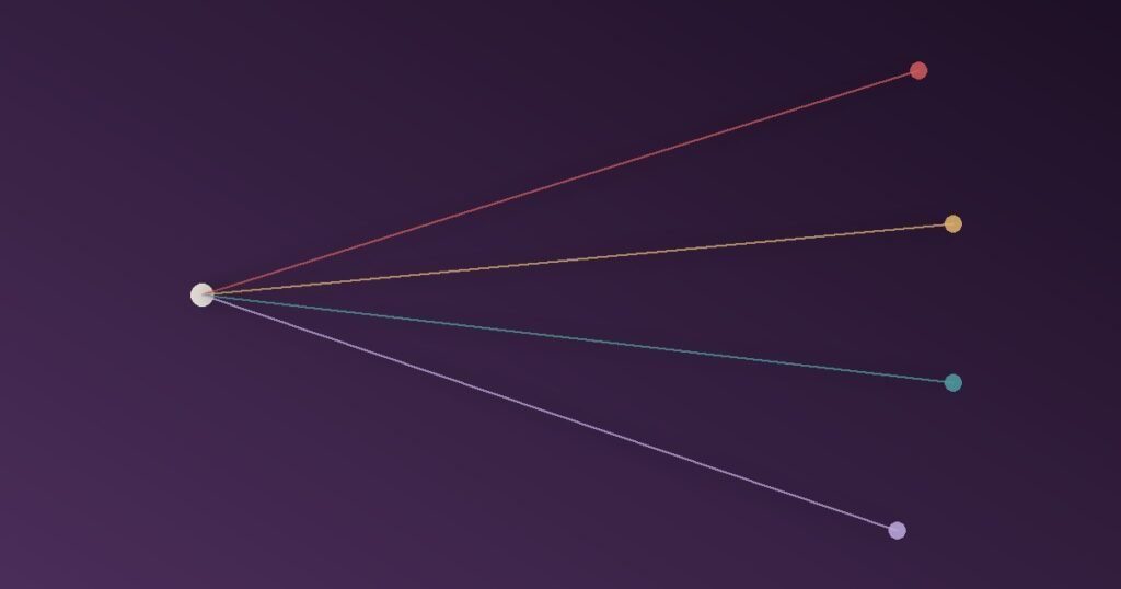 Abstract illustration of one central node branching into four distinct diverging paths in different colors, representing the four survival responses of fight, flight, freeze, and fawn