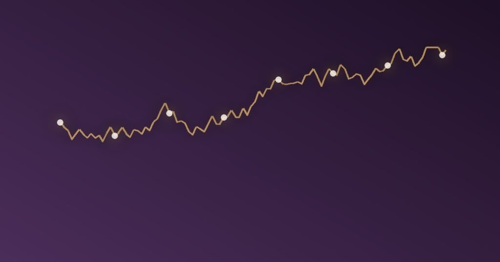 Abstract illustration of a jagged, irregular wandering golden line trending upward, representing the real nonlinear trajectory of grief rather than tidy sequential stages