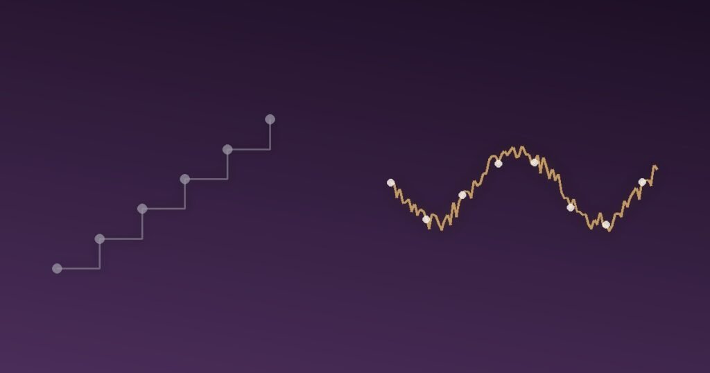 Abstract illustration contrasting a tidy staircase shape with a messy, jagged, nonlinear scribble path, representing the real unpredictable trajectory of grief versus the mythical staged sequence