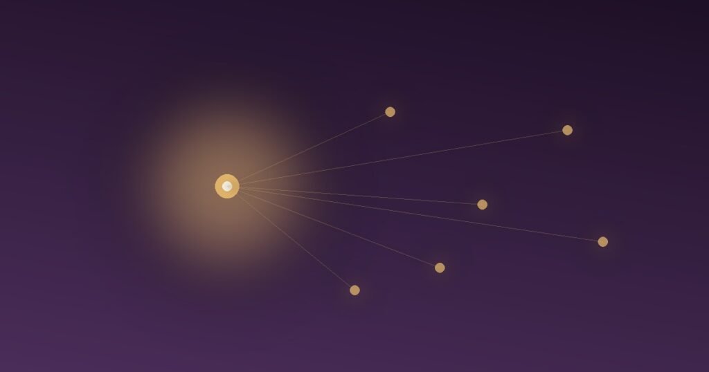 Abstract illustration of a single bright anchor point casting a colored glow across everything around it like a lens, representing how an initial impression filters and distorts all later information about a person