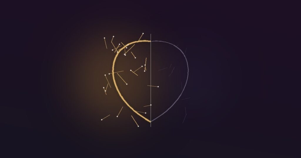 Abstract illustration of a brain split into a vivid gold half and a faded grey half, representing how threatening memories are encoded vividly while ordinary moments fade