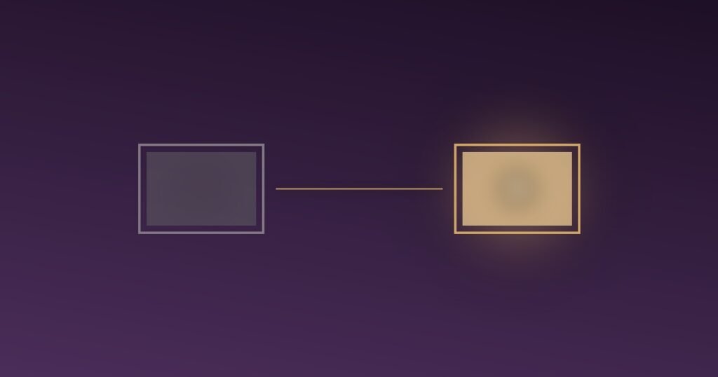 Abstract illustration of a plain muted memory frame beside a warmer, golden re-edited version of the same frame, representing how nostalgic recall softens and brightens the past