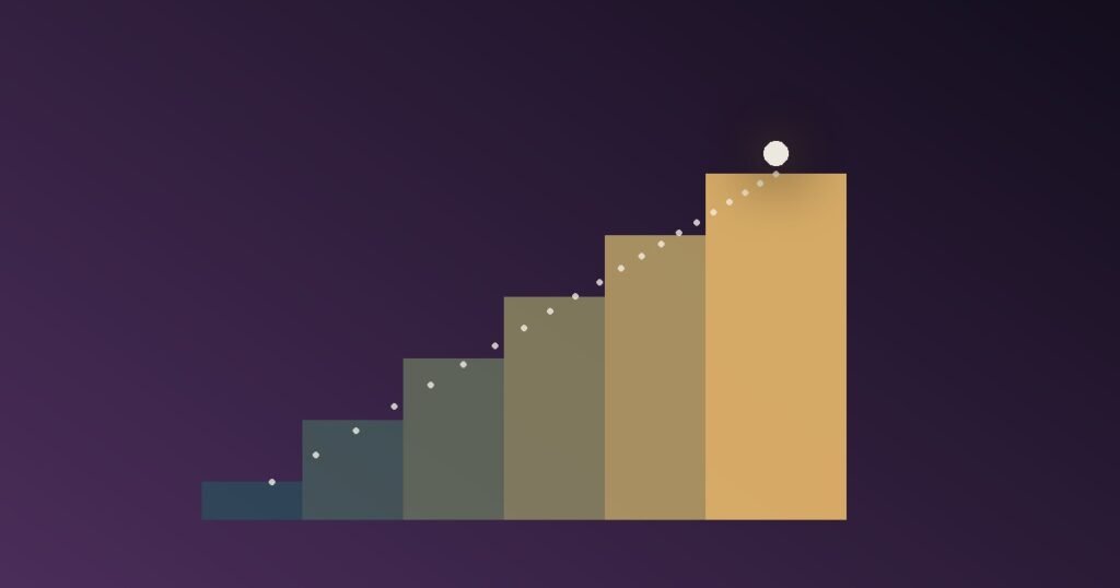 Abstract illustration of a rising staircase with a glowing dot climbing to the top step, representing small achievable steps reducing procrastination