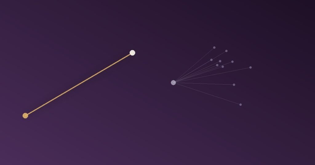 Abstract illustration of one bright, resolved path on the left versus many faint, unexplored branching paths on the right, representing how inaction leaves regret unresolved while action closes the loop