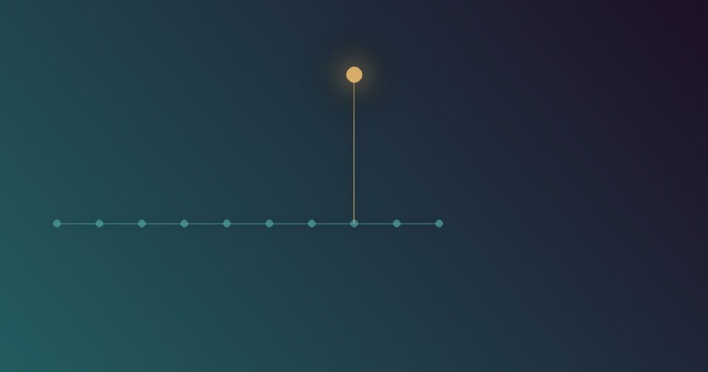 Abstract illustration of a steady baseline pattern with one node deviating sharply from it, representing how meaningful body language signal comes from deviation from a person's baseline rather than an isolated gesture