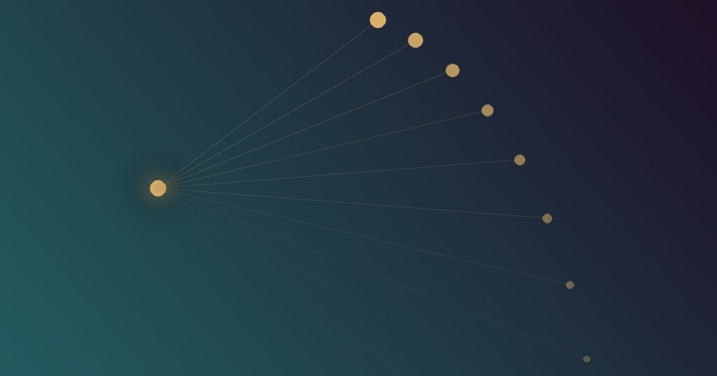 Abstract illustration of a single bright responsibility signal splitting into many dimmer fragments as more nodes are added around it, representing how diffusion of responsibility weakens individual motivation to act as group size grows