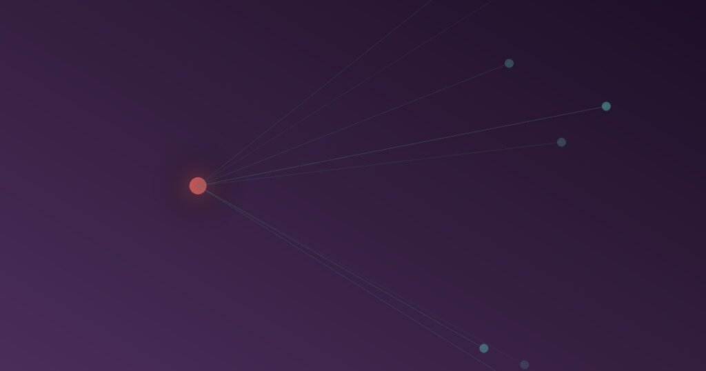 Abstract illustration of a single bright responsibility signal splitting into many dimmer fragments as more nodes are added around it, representing how diffusion of responsibility weakens individual motivation to act as group size grows