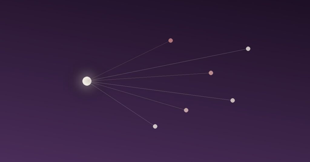 Abstract illustration of one steady, brightly lit node remaining stable while surrounding nodes shift toward its calmer state, representing how a single grounded presence can shift the emotional tone of a group