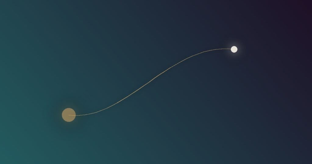 Abstract illustration of a heavy anchoring node in the past connected by a taut line pulling against a lighter node representing a future decision point, symbolizing how past investment exerts a pull on decisions that should be based only on the future