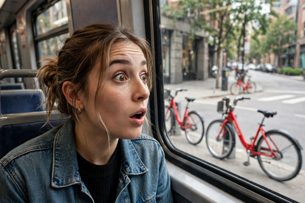 Woman on a train surprised to see identical red bicycles everywhere outside — Baader-Meinhof phenomenon example