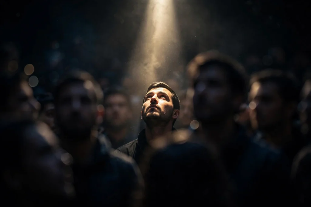 Single spotlight beam highlighting one face in a dark crowd — visualizing selective attention