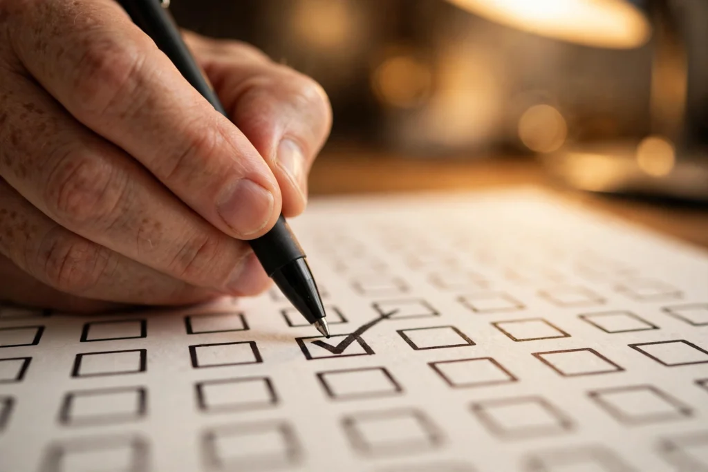 Hand marking checkmarks in a notebook among empty boxes — visualizing confirmation bias counting only the hits