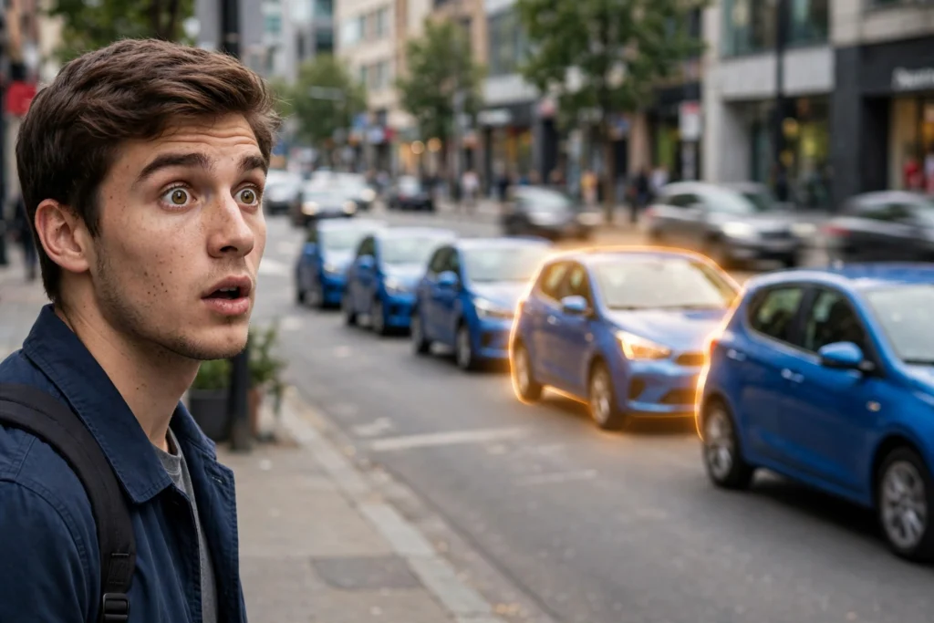 Young man surprised to see multiple identical blue cars on a street — Baader-Meinhof phenomenon example