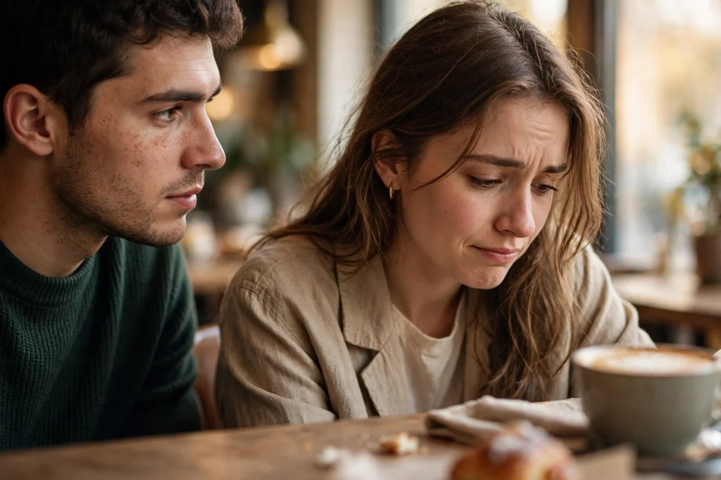 Woman looking down and away while a man looks at her during a cafe conversation — avoiding eye contact
