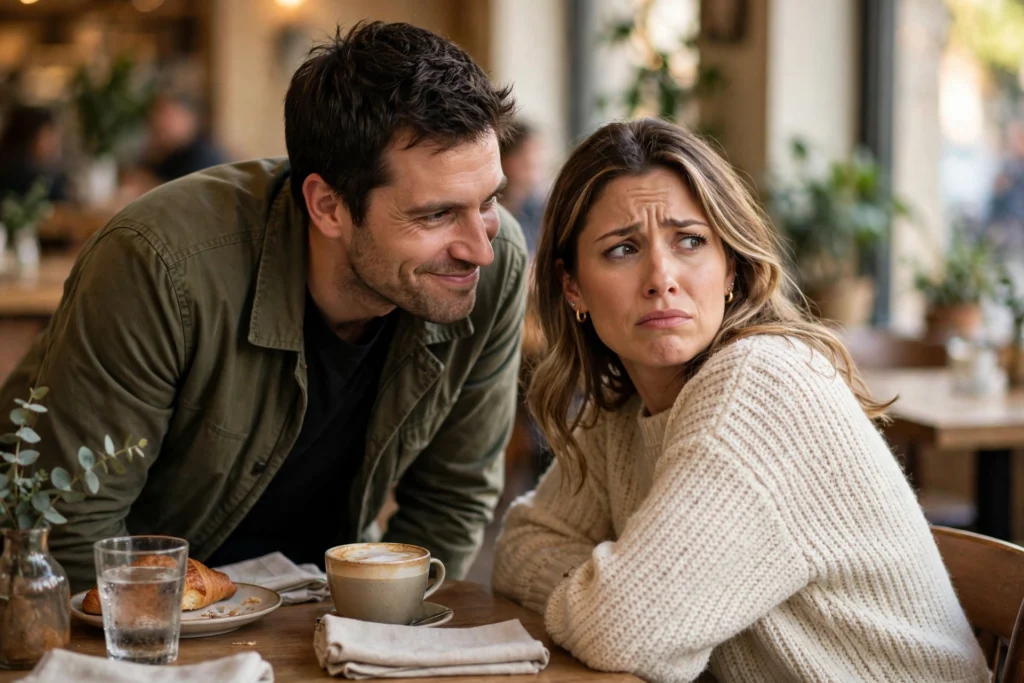 Man with a smug smirk leaning toward an uncomfortable woman at a cafe table — visualizing negging